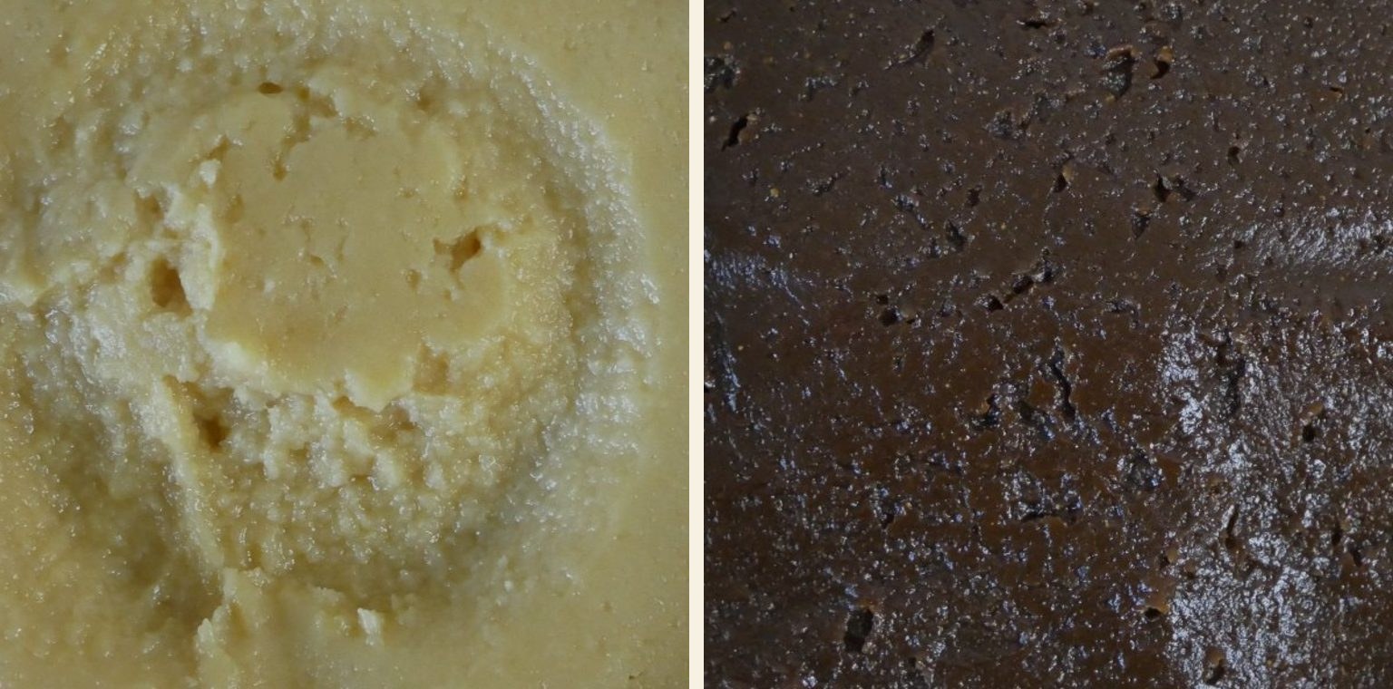 Deux textures de miso côte à côte : le shiro pâle et lisse à gauche, l'aka brun foncé et brillant à droite
